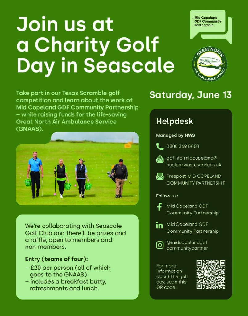 A poster describing a Charity Golf Day with 4 people on a golf course