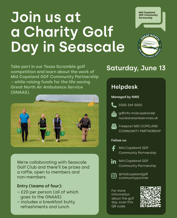 A poster with information about a Charity Golf Day and a photograph of 4 people on a golf course